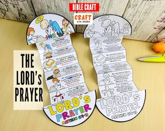 May include: Two paper crafts of The Lord's Prayer, with illustrations and text. The crafts are black and white, with colorful accents. The text includes Bible verses from Matthew 6:9-13. The words "Bible Craft" and "The Lord's Prayer" are also visible.