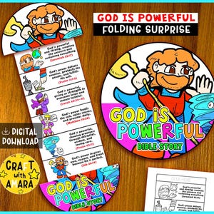 Può includere: Un colorato artigianato di storie bibliche illustrate con il testo "Dio è potente" e "Sorpresa pieghevole". Il design presenta un personaggio dei cartoni animati e versetti biblici. Sono visibili anche le parole "Download digitale" e "Craft with Amara".