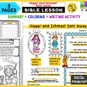 May include: A Bible lesson worksheet titled "Hagar and Ishmael Sent Away" with summary, coloring, and writing activities. The pages feature illustrations of Hagar and Ishmael, along with text describing the story and related questions. The worksheet is a digital download.