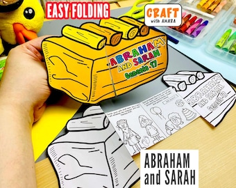 May include: A paper craft activity featuring a yellow folded card with the text Abraham and Sarah Genesis 17. The set includes black and white coloring pages with illustrations of figures, balloons, and text, alongside a logo reading Craft with Amara.