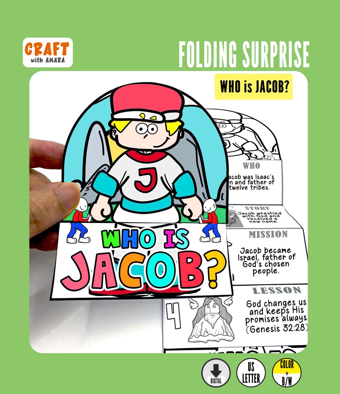 Bible Heroes - JACOB - Easy Coloring Folding Surprise, Bible Craft ...