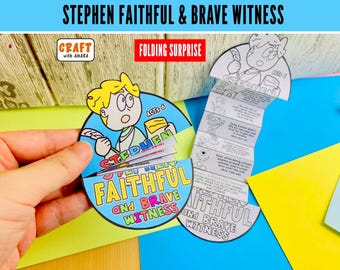 Könnte beinhalten: Eine Papierbastelarbeit mit dem Titel Stephen Faithful & Brave Witness, bestehend aus einem kreisförmigen Design mit einer Zeichentrickfigur und einem faltbaren Akkordeon-Einsatz. Das Bastelset enthält schwarz-weiße Illustrationen und Text.