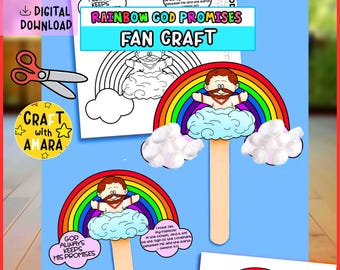 Rainbow God Promises Fan Craft: Bible Sunday School Lesson Church Coloring Activity for Kids, Christian Faith Homeschool Bible, God's Words