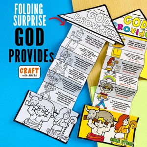 Puede incluir: Una manualidad de papel plegable con el texto "GOD PROVIDES" en letras negras grandes. La manualidad se despliega para revelar historias y versículos bíblicos ilustrados. También son visibles las palabras "FOLDING SURPRISE" y "CRAFT with AMARA".