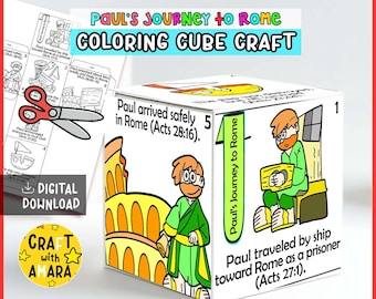 May include: A paper cube craft titled Paul's Journey to Rome Coloring Cube Craft featuring cartoon illustrations of a man in a green tunic. The cube displays text including Paul arrived safely in Rome and Paul traveled by ship toward Rome as a prisoner.