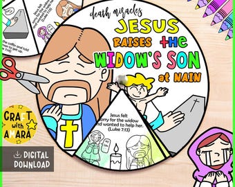 Puede incluir: Ilustración de una colorida rueda giratoria con el texto "JESUS RAISES THE WIDOW'S SON at NAIN". La imagen incluye representaciones de dibujos animados de Jesús, un ataúd y otras escenas bíblicas. También son visibles las palabras "DIGITAL DOWNLOAD".