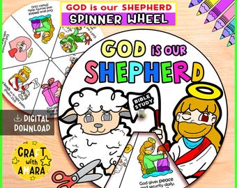 God is Our Shepherd Spinner Coloring Wheel Craft: Christian Faith, Bible Lesson Study Guide Sunday School, Church Activity Kids, Memory Game
