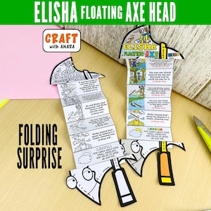 Op de afbeelding: Een papieren knutselwerkje getiteld Elisha Floating Axe Head met twee bijlvormige uitsparingen met accordeongevouwen panelen. De panelen bevatten zwart-witillustraties en tekst over het bijbelse verhaal van de drijvende bijlkop.