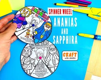 May include: A paper spinner wheel craft featuring illustrations of Ananias and Sapphira with the text Ananias and Sapphira Acts 5:1-11. The circular design includes black and white line art and coloured sections depicting characters and biblical scenes.