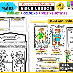 May include: A colorful Bible lesson printable titled "David and Goliath." The pages include a summary, coloring pages, and writing activities. The illustrations depict David, Goliath, and scenes from the biblical story. The text includes the phrase "Digital Download."