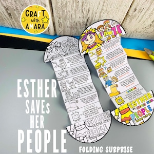 May include: Two folding paper crafts with the text "ESTHER SAVES HER PEOPLE" and illustrations. One is colored, the other is black and white. The crafts are on a gray surface with the words "FOLDING SURPRISE" at the bottom.