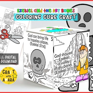 Puede incluir: Un cubo para colorear artesanal con el texto "Ezekiel and the Dry Bones Coloring Cube Craft". El cubo presenta ilustraciones de un valle de huesos secos, un personaje de dibujos animados y versículos bíblicos. Incluye una opción de descarga digital.