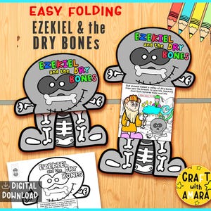 Puede incluir: Dos manualidades grises con forma de esqueleto con el texto "EZEKIEL and the DRY BONES" en letras coloridas. Una manualidad está abierta, revelando una ilustración colorida. Las palabras "EASY FOLDING" están en la parte superior. También se muestra una descarga digital.