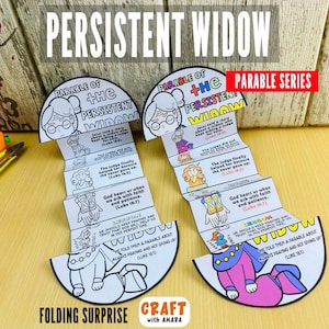 May include: Two folding paper crafts with the text "Persistent Widow" and "Parable Series". Each craft features illustrations and text from Luke 18:1-7. The crafts are white with black outlines and colorful accents, including pink, purple, and blue. The crafts are on a light yellow surface.