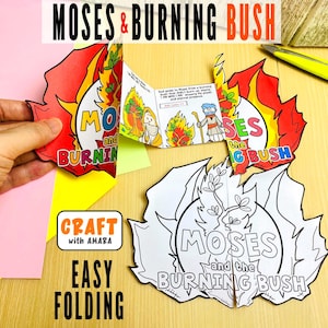 May include: A paper craft activity featuring the story of Moses and the Burning Bush. The set includes a coloured version and a black and white outline version for colouring, both with the text Moses and the Burning Bush, plus a small folded booklet.