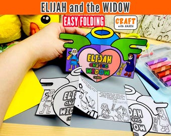 May include: A paper craft project titled Elijah and the Widow featuring a colorful heart-shaped center with green wings and a blue halo. The craft includes black and white printed pages with illustrations of Elijah, the widow, flour, and oil jars.