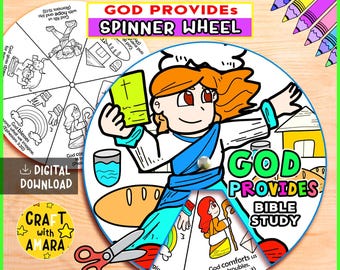 God Provides Spinner Coloring Wheel Craft: Christian Faith, Bible Lesson Study Guide Sunday School, Church Activity Kids, Memory Game