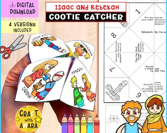 Könnte beinhalten: Ein farbenfroher Papier-Knicker mit Illustrationen und Text zur biblischen Geschichte von Isaak und Rebekka. Das Design enthält die Wörter "Isaac and Rebekah Cootie Catcher" und "Easy Craft for Bible Learning."