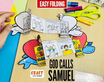 May include: A paper craft activity titled God Calls Samuel featuring a foldable mini-book with black and white illustrations of a person sleeping and a figure with scrolls. The set includes colorful heart-shaped cutouts and text labels.
