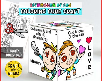 May include: A white coloring cube craft with the text "Affirmation of God" and "Coloring Cube Craft". The cube features cartoon illustrations and Bible verses. Includes a digital download option.
