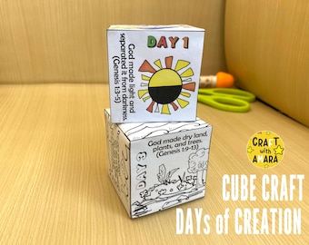 Days of Creation Coloring Cube Craft, Memory Games, Bible Craft for Kids, Bible Study Lesson, Sunday School Activity, Christian Genesis