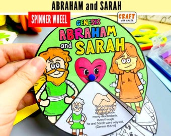 Può includere: Una ruota girevole circolare in carta con il testo Genesis Abraham and Sarah. Il design include illustrazioni a cartoni animati colorate di un uomo e una donna, un cuore rosa e una sezione con testo sulla promessa di Dio ad Abramo.