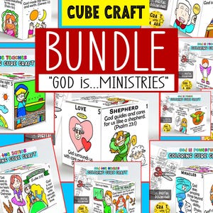 Peut inclure: Un ensemble de projets en papier Cube Craft à télécharger numériquement sur des thèmes religieux. Chaque cube présente des illustrations colorées et du texte comme God is the Teacher, God is the Savior et God is Powerful, avec des versets bibliques.
