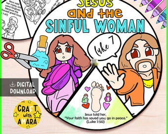 Könnte beinhalten: Ein farbenfrohes Spinner-Rad mit dem Text "JESUS and the SINFUL WOMAN" und Illustrationen von Jesus und einer Frau. Das Rad enthält den Text "DIGITAL DOWNLOAD" und "CRAFT with AMARA". Das Rad ist für ein Bastelprojekt für Kinder konzipiert.