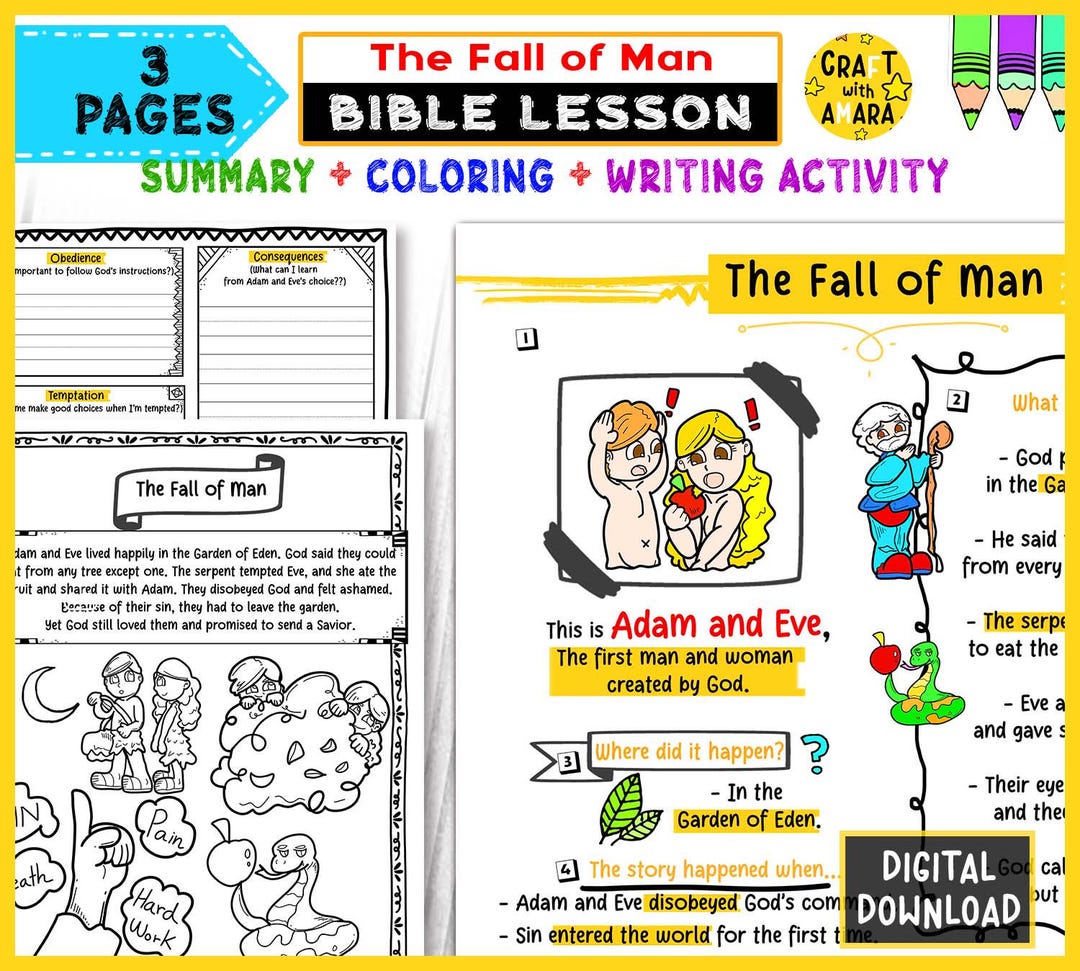 The Fall of Man Adam and Eve Bible Lesson: Coloring Scripture Study ...