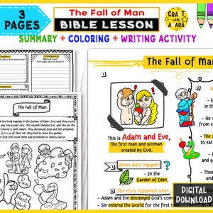 May include: A colorful Bible lesson worksheet titled "The Fall of Man" with the text "Summary + Coloring + Writing Activity." The pages feature illustrations of Adam and Eve, a serpent, and the Garden of Eden. Includes the text "Digital Download."