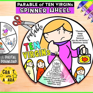 Pode incluir: Uma roda giratória colorida com o texto "Parable of Ten Virgins" e ilustrações. A roda inclui uma figura central e segmentos com números e texto de Mateus 25:1 e 25:13. Uma roda menor e uma tesoura também estão presentes.