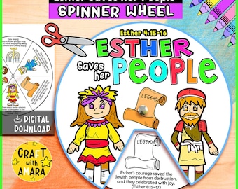 Peut inclure: Un jeu de toupie coloré avec le texte "Esther Saves Her People". La roue présente des illustrations de personnages et de parchemins, avec le texte "Esther 4:15-16". Comprend le texte "DIGITAL DOWNLOAD" et "Craft with Amara".