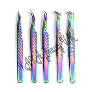 KAKA Beauty Lash Eyelash Extension Tweezers Set of 5, Japanese Stainless Steel Tools Straight Curved 45 Volume Tweezers Precision (Rainbow)