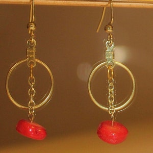 Gold & Red Hoop Dangle Earrings