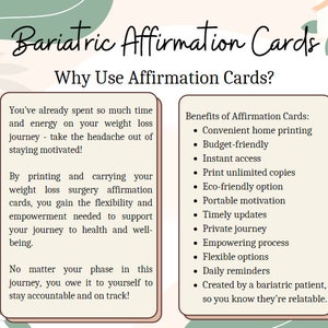 May include: Digital printable download featuring "Bariatric Affirmation Cards." The image includes text explaining the benefits of affirmation cards for weight loss surgery patients. The design incorporates a soft, neutral color palette with leaf accents.