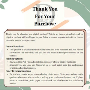 May include: A digital download graphic with the text "Thank You For Your Purchase" in a decorative font. The image includes instructions for downloading and printing the digital product, with paper recommendations.