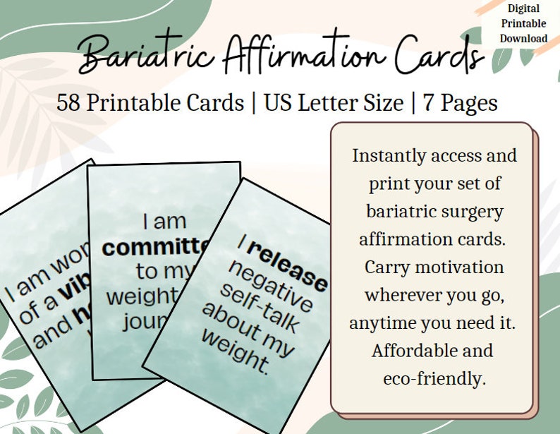 May include: Digital download of bariatric affirmation cards. The cards are light blue with black text, featuring phrases like "I am committed to my weight journey." The image includes the text "58 Printable Cards | US Letter Size | 7 Pages."