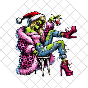 May include: Illustration of a green-skinned figure wearing a Santa hat, pink sunglasses, and a pink leopard-print coat. The figure is wearing a pink sweater, ripped blue jeans, and red platform boots, holding a drink.