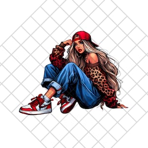 Street Chic Vibes Clip Art | 1 PNG-Datei einer jungen Frau mit einem auffälligen Leoparden-Print-Pullover, zerrissenen Jeans, roten Turnschuhen und einer Retro-Mütze.
