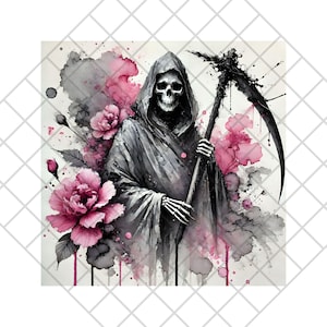 Clipart éthéré Reaper Blooms | 1 fichier JPG représentant une grande faucheuse ornée d'un arrangement mystique de fleurs roses.
