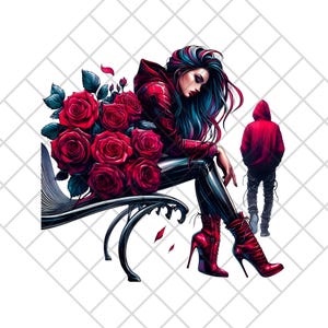 Clip Art de rosas agridulces / 1 archivo PNG de una mujer sentada con un ramo de rosas rojas, su mirada dramática equilibrada con una figura alejándose.
