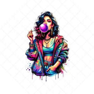 Chique Urbano | 1 Arquivo PNG Download digital de figura feminina ousada soprando chiclete, moda ousada ecoando o espírito rebelde do streetwear urbano