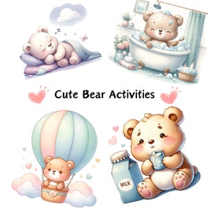ClipArt di attività dell'orso carino, download digitale, attività dell'orso carino incluse dormire, bere latte, giocare, lavarsi i denti, fare il bagno
