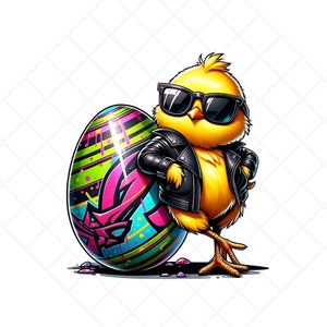 May include: A yellow chick wearing sunglasses and a black leather jacket stands next to a large, colorful Easter egg. The egg has a pink, blue, green, and yellow striped pattern.