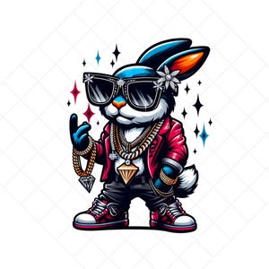 Clip Art Bling Bunny Vibes / 1 file PNG di un coniglietto glamour con occhiali da sole oversize, gioielli appariscenti, abito vivace, sicurezza e fascino.