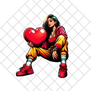 Clip Art de latido urbano / 1 archivo PNG de una mujer joven, moderna y tranquila, sentada con un corazón rojo atrevido en la mano.