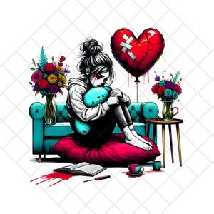 Heartbreak Sofa Serenity-illustraties | 1 png-bestand van een meisje dat bij de bank zit, met zacht knuffeltje en hartvormige ballon, opgelapt met verband