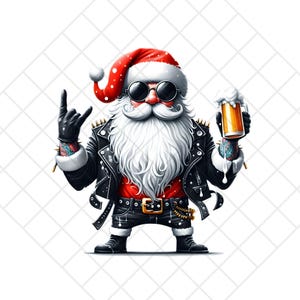Puede incluir: Ilustración de Papá Noel con una chaqueta de cuero negra con púas, gafas de sol y tatuajes, sosteniendo una jarra de cerveza. Papá Noel lleva una camisa roja, pantalones negros y botas. Está haciendo el gesto de la mano de rock and roll.