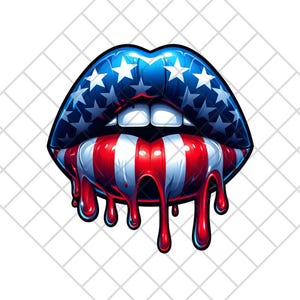 Clip Art de labios brillantes pintados con el motivo de la bandera estadounidense, con brillo rojo, blanco y azul goteando.