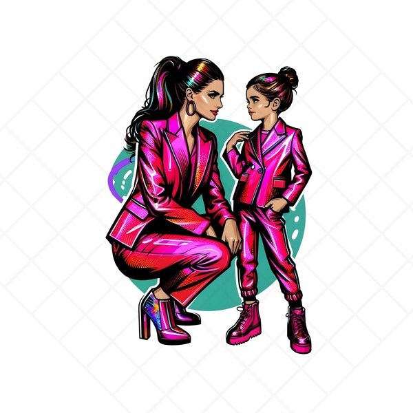 Urban Chic: Mother-Daughter Power Duo Digital Art | 1 PNG File Digital Download of Urban Chic Mother-Daughter with matching pink suits